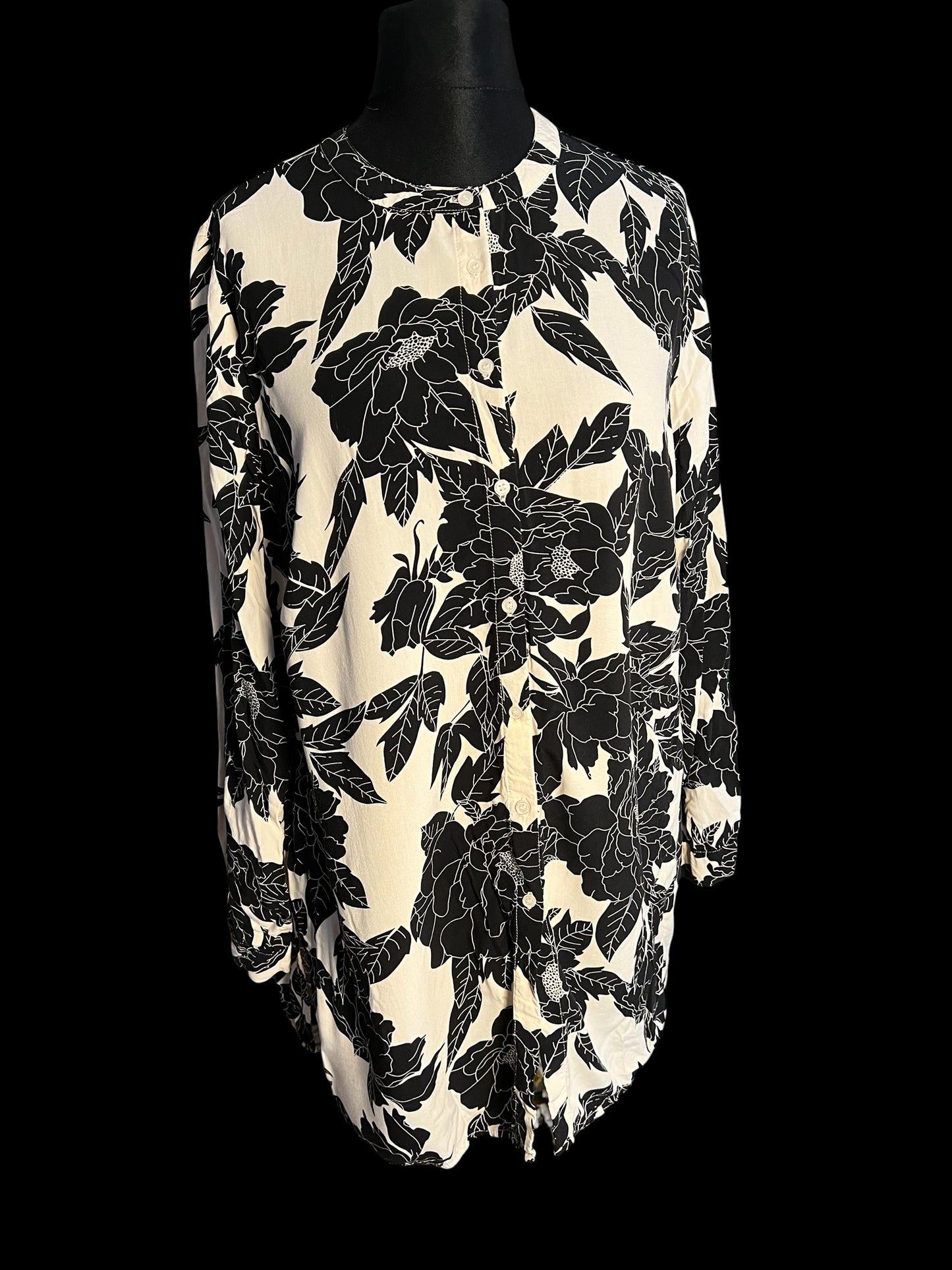 Sara Lindholm Blusenkleid Tunika 44 Viskose Creme Schwarz Floral Print Boho Kleid locker Elegant Plus Size