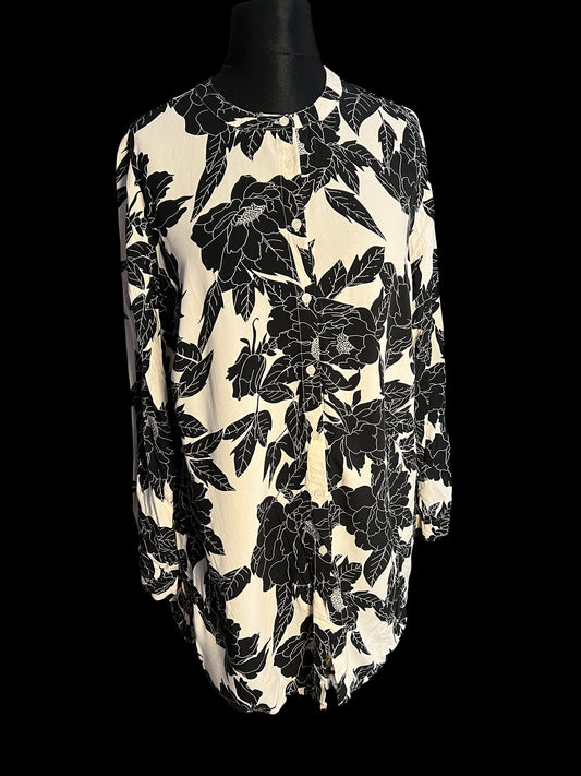 Sara Lindholm Blusenkleid Tunika 44 Viskose Creme Schwarz Floral Print Boho Kleid locker Elegant Plus Size