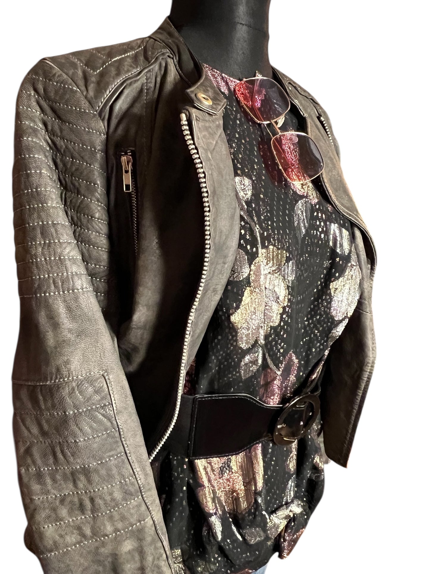Vintage Glanzbluse Gr. 42 – West Germany – Metallic Blumen – 80s Glam Chic – Schwarz Gold Rosé