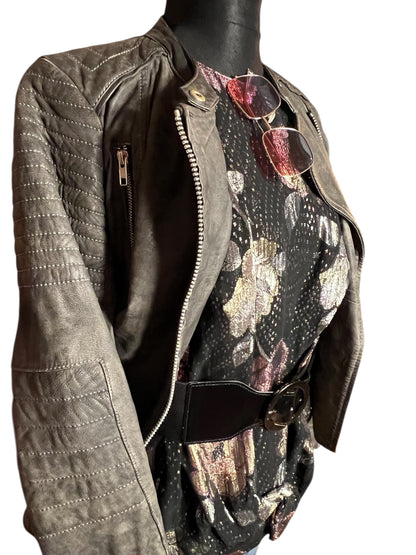 Vintage Glanzbluse Gr. 42 – West Germany – Metallic Blumen – 80s Glam Chic – Schwarz Gold Rosé