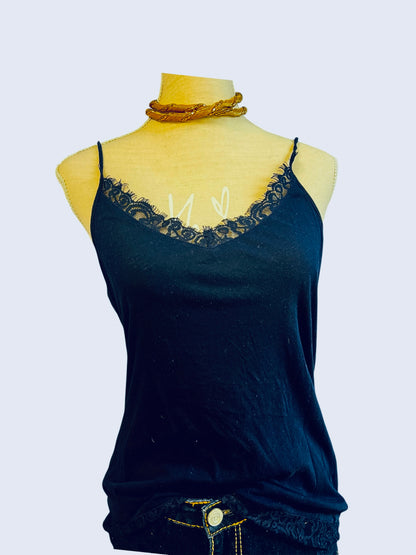 Vintage Spitzen Top dunkelblau – 90s Y2K Spaghettiträger – Lace Jersey – Gr. 38/40