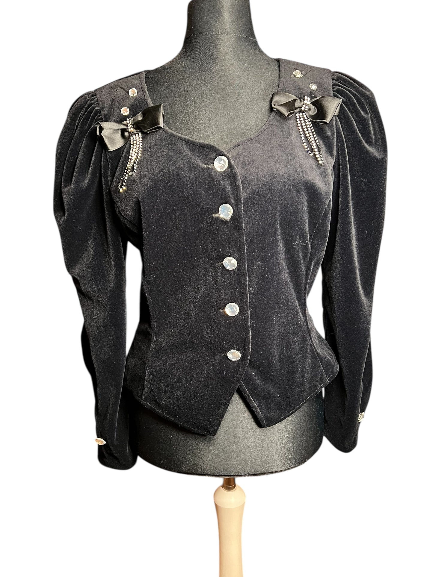 Vintage Samt Blazer 80s Power Shoulder schwarz – Statement Puffärmel – Dorette – Gr. 38–42