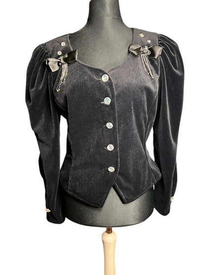 Vintage Samt Blazer 80s Power Shoulder schwarz – Statement Puffärmel – Dorette – Gr. 38–42