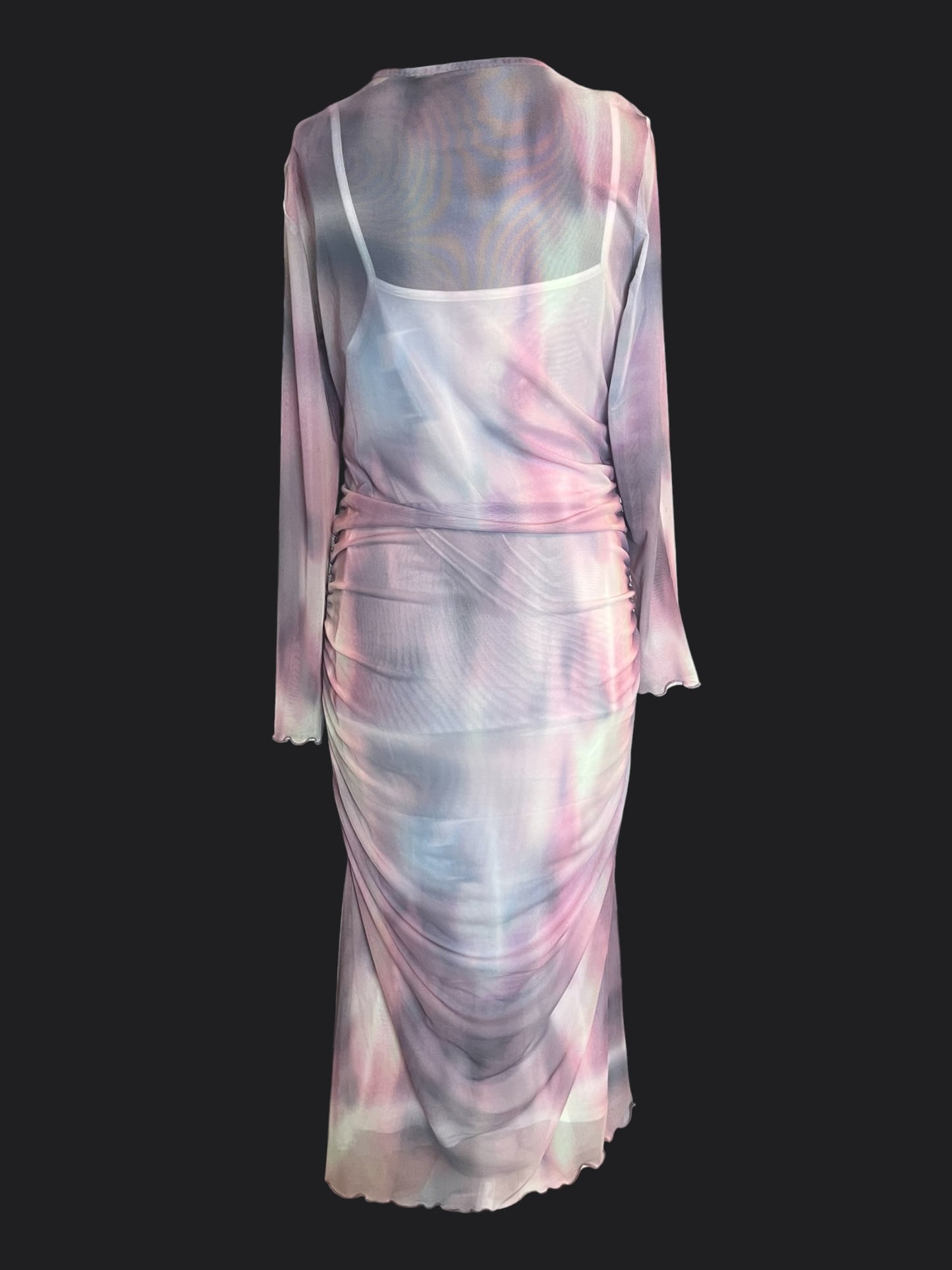 Y2K Mesh Maxikleid Pastell transparent langarm drapiert Stretch Festival Fairy Gr. M L 40 42