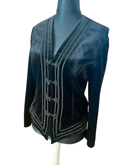 Vintage Vera Mont Samt Jacke 38 40 M Schwarz Gothic Style Tailliert Spitzer Schnitt Bordüre 80s 90s Blazer
