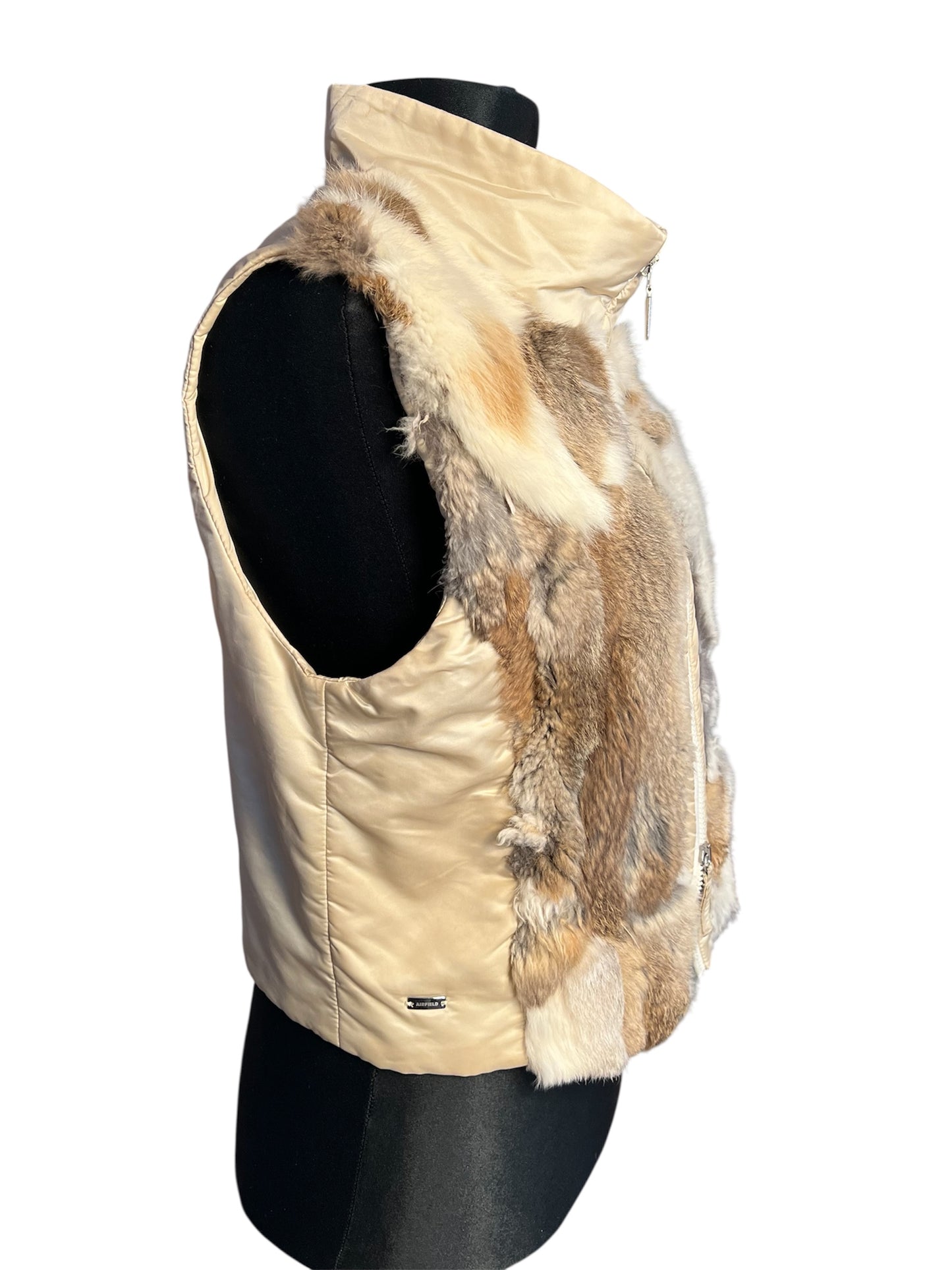 Vintage Airfield Fellweste Gr. 42 | Echtfell Weste Beige Braun Weiß | 90s Designer Weste mit Stehkragen | Boho