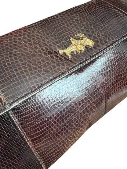 Vintage 80s J. Perez Clutch | Braun Schlangenleder mit gold Kutsche Emblem | Elegante Statement Bag