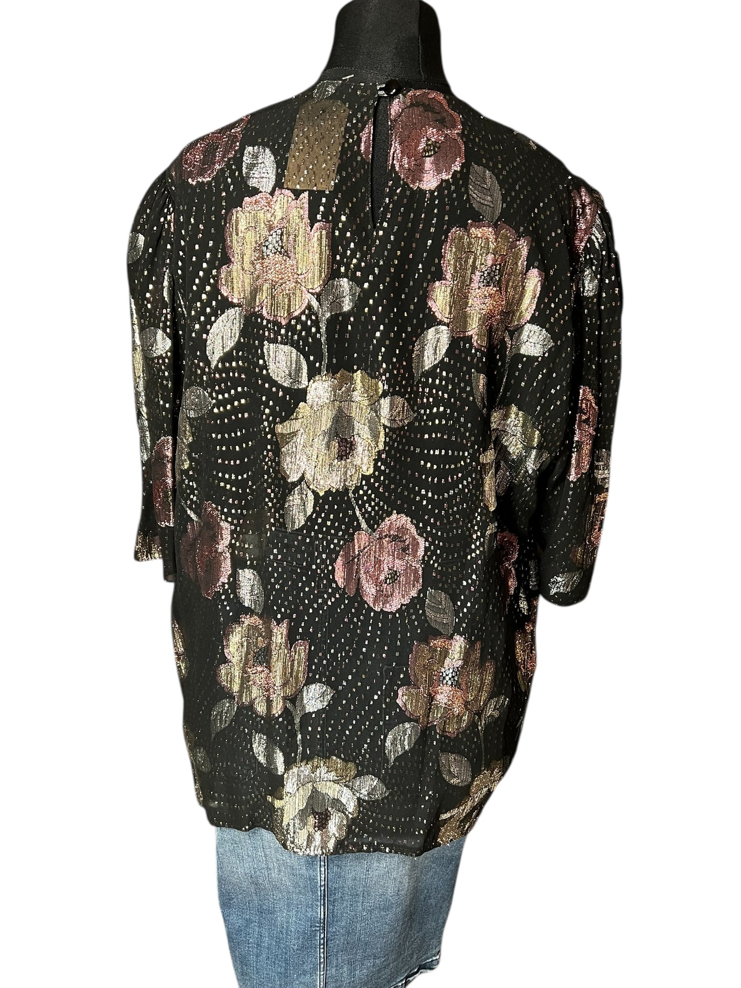 Vintage Glanzbluse Gr. 42 – West Germany – Metallic Blumen – 80s Glam Chic – Schwarz Gold Rosé