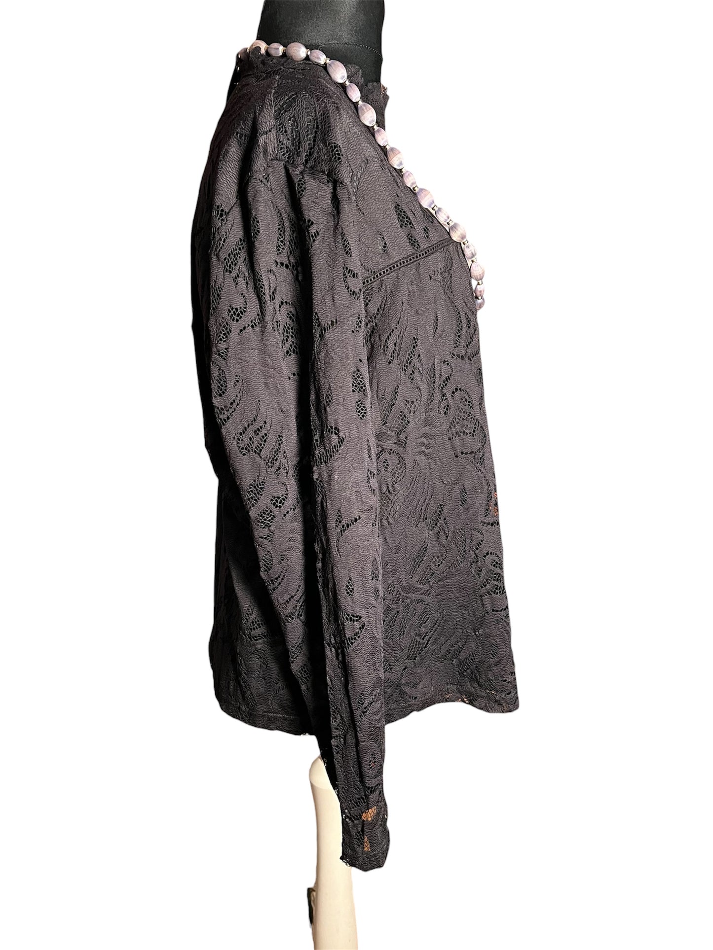 Schwarzes Spitzenshirt Gr. 42 , transparent | Stretch Shirt Damen | Y2K / Elegant / Party | Stehkragen