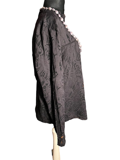 Schwarzes Spitzenshirt Gr. 42 , transparent | Stretch Shirt Damen | Y2K / Elegant / Party | Stehkragen