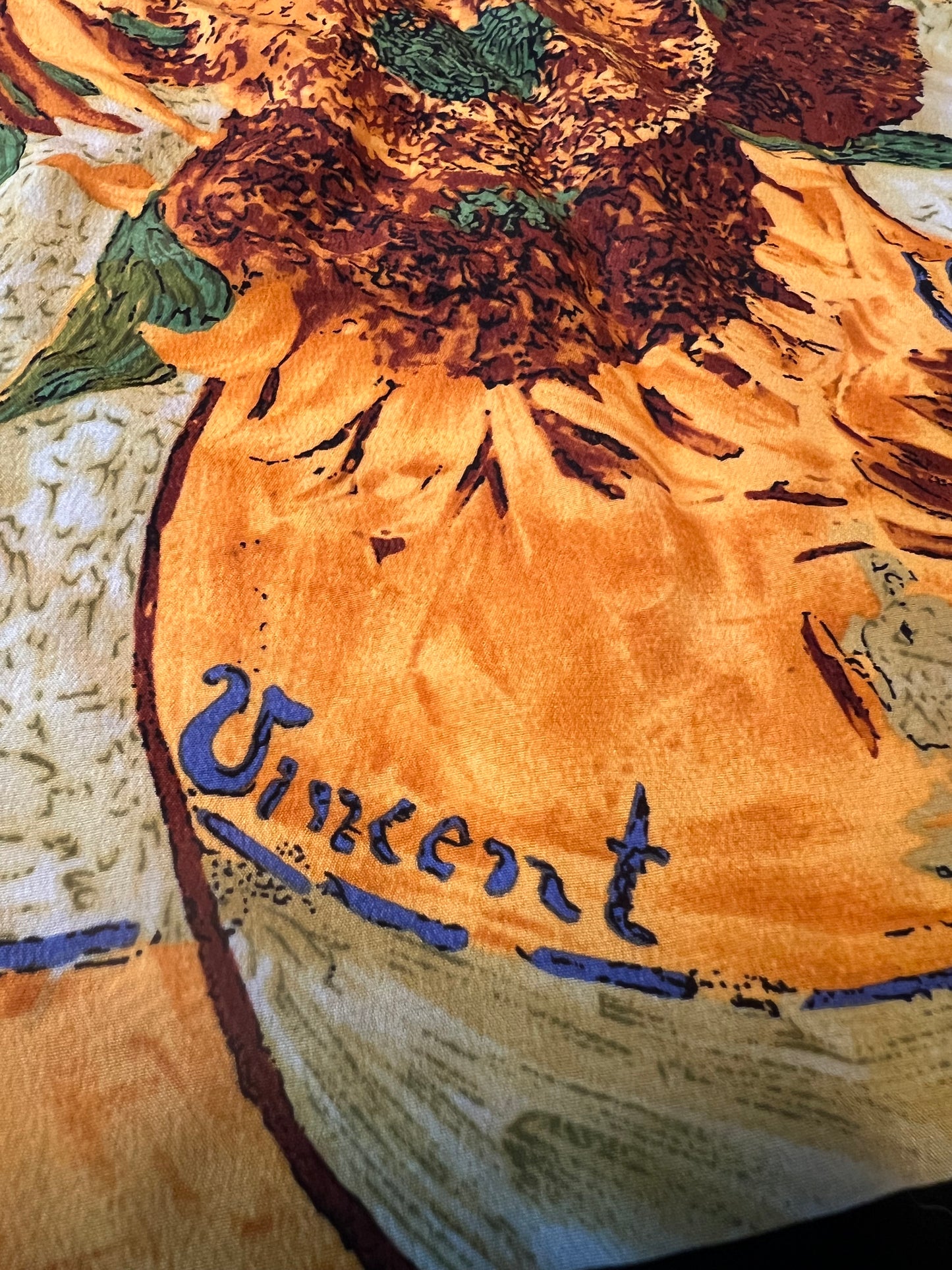 Vintage Seidentuch Sonnenblumen Van Gogh Motiv Kunst 50x50 gelb blau Seide 90s