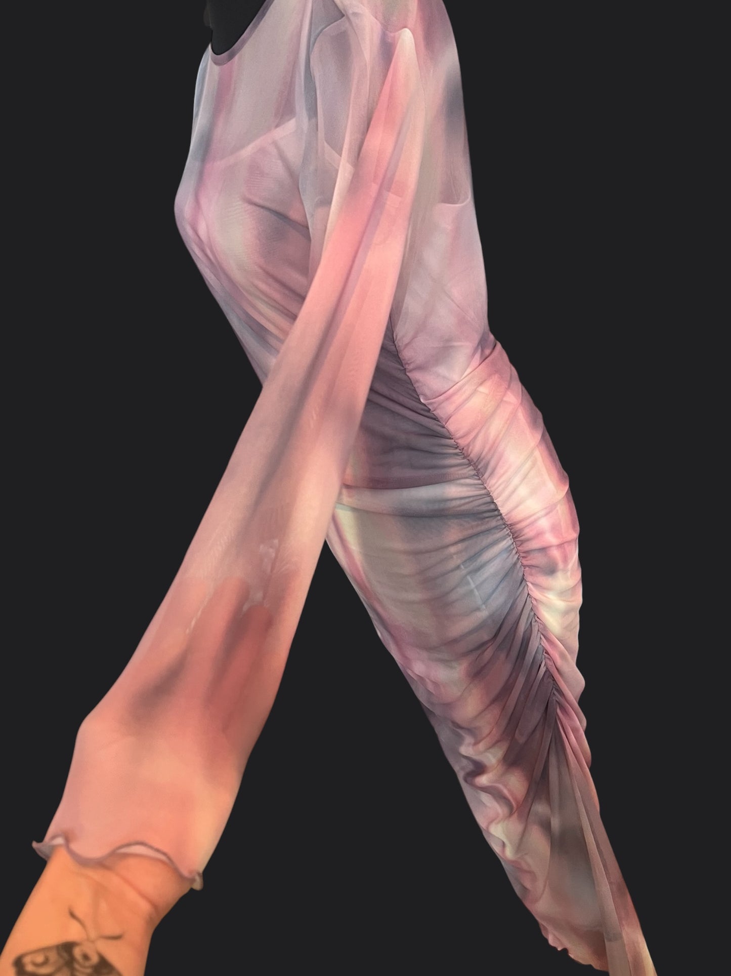 Y2K Mesh Maxikleid Pastell transparent langarm drapiert Stretch Festival Fairy Gr. M L 40 42