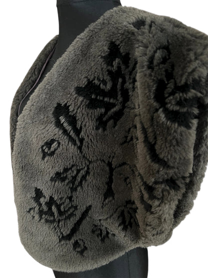 Vintage Kunstfell Weste Made in France – Dunkelgrau Schwarz Muster Bolero Oversized 38–42