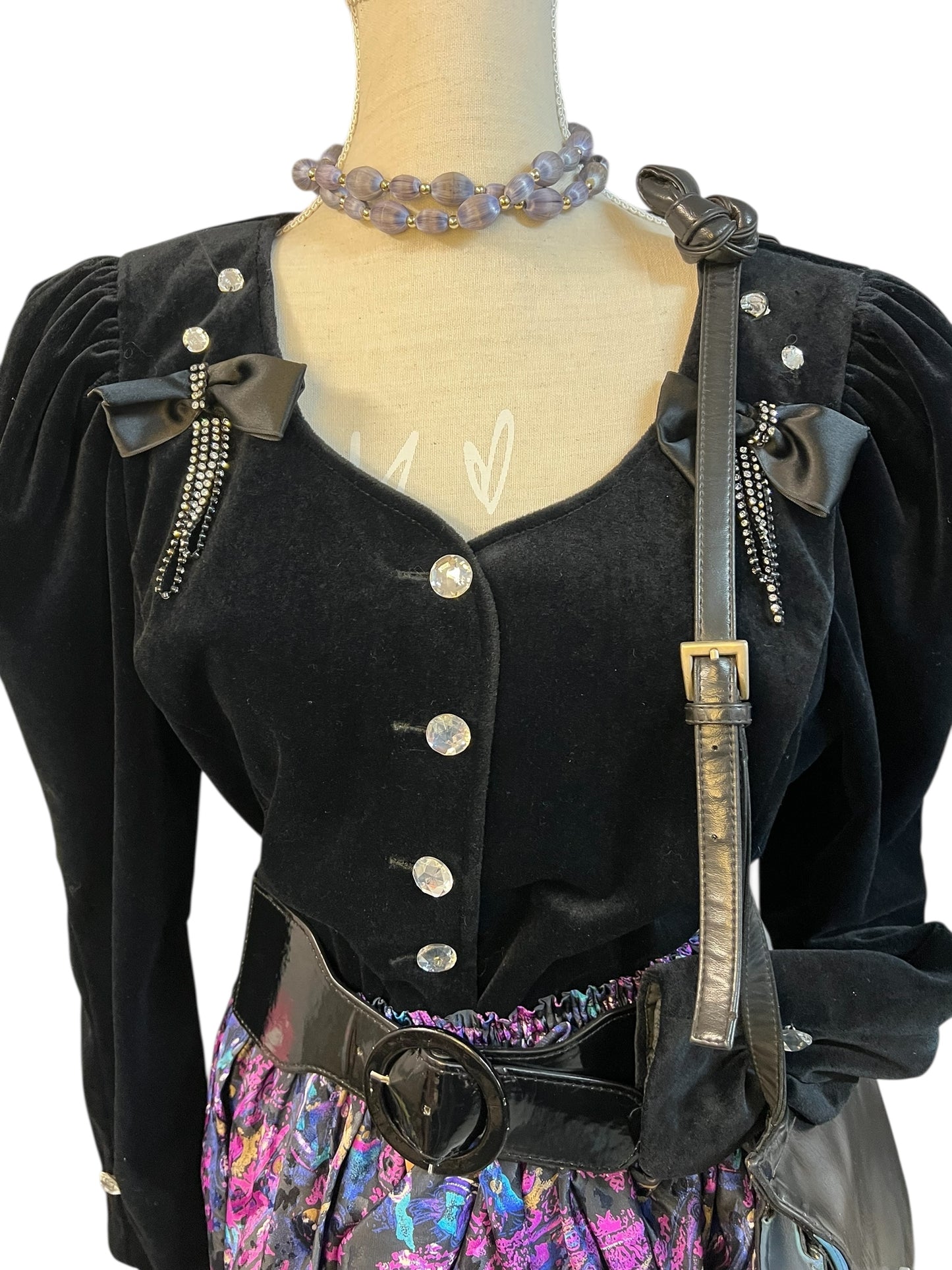 Vintage Samt Blazer 80s Power Shoulder schwarz – Statement Puffärmel – Dorette – Gr. 38–42