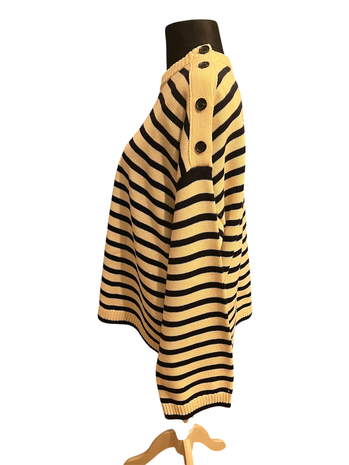 Arket Strickpullover L – Creme Schwarz Gestreift, Knopfleiste, Baumwolle