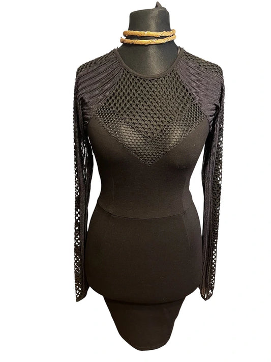 Sexy Mini Kleid XS 34 schwarz Cool Cat Mesh Netzärmel Gothic Y2K Party Darkfashion