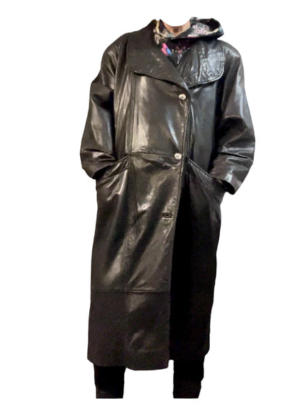 Vintage 80s Ledermantel Gr. L Schwarz • Echtleder Nappaleder • Oversize Long Coat • Schulterbetont