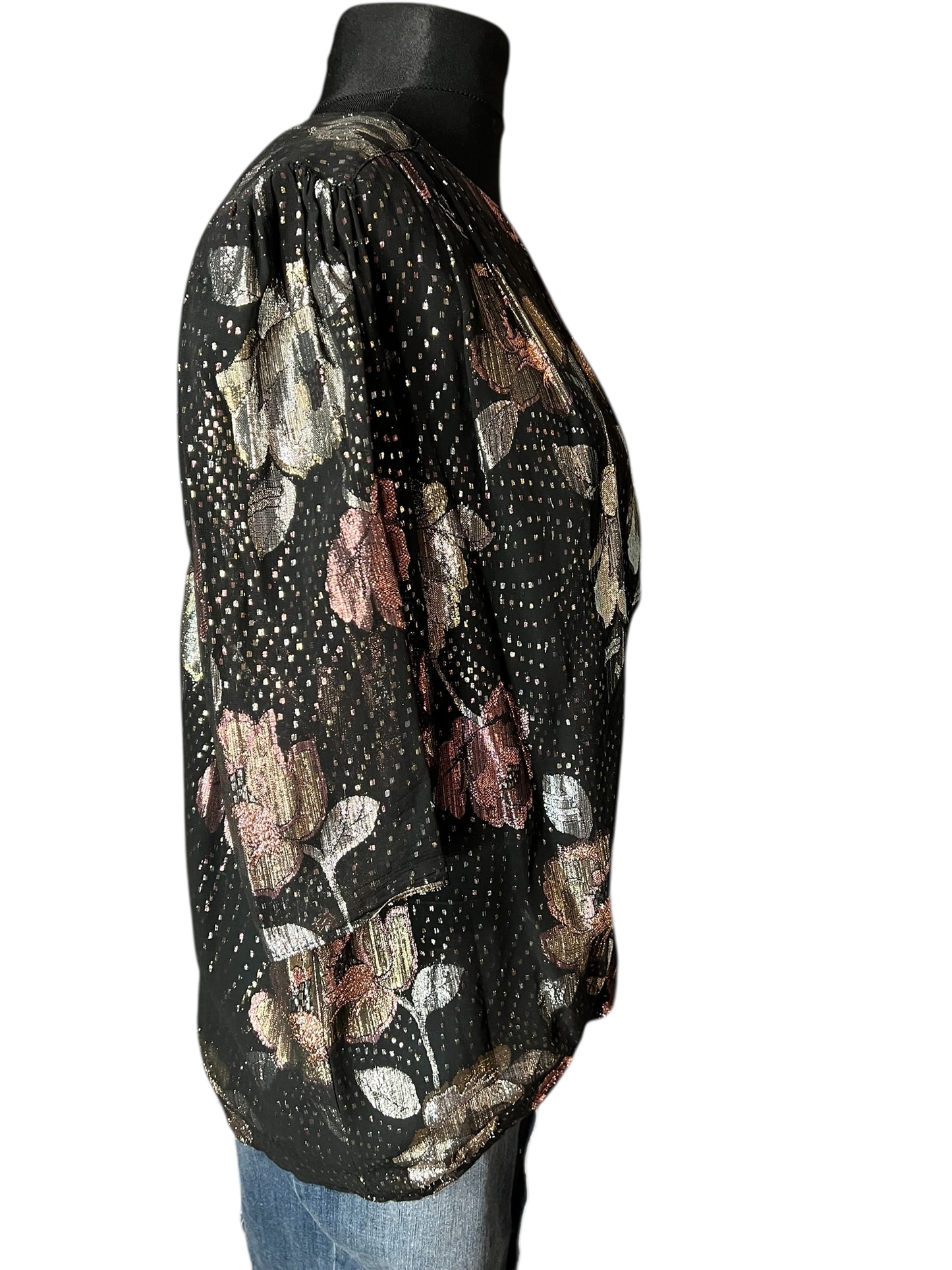 Vintage Glanzbluse Gr. 42 – West Germany – Metallic Blumen – 80s Glam Chic – Schwarz Gold Rosé