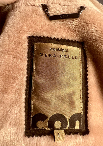 Vintage Lederjacke Echtleder Teddyfutter Unisex 42 L XL kastig Boxy 90s Y2K braun grün Conbipel