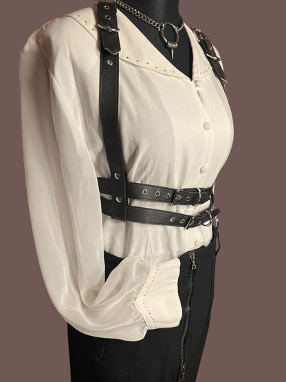 Vintage Bluse Ivory Weiß | Transparent Ärmel | Statement Kragen | Zierdetails | 80s / 90s Chic | Gr. 40