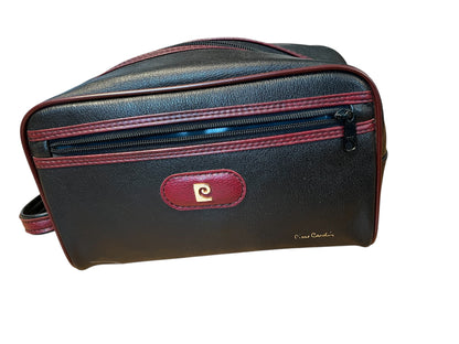 Vintage Pierre Cardin Kulturtasche Leder schwarz weinrot Herren Tasche Reise Kosmetik 80s 90s
