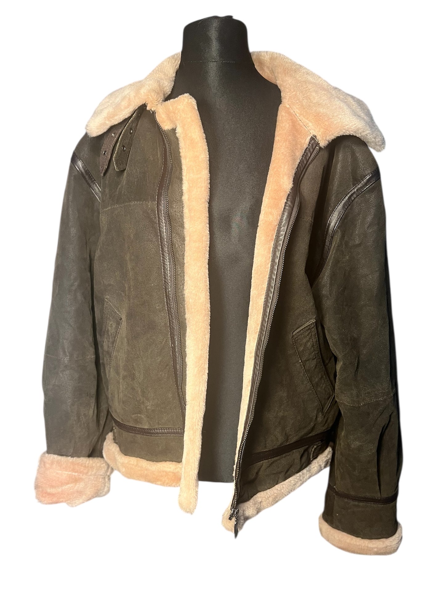 Vintage Lederjacke Echtleder Teddyfutter Unisex 42 L XL kastig Boxy 90s Y2K braun grün Conbipel