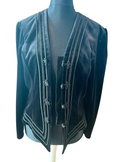 Vintage Vera Mont Samt Jacke 38 40 M Schwarz Gothic Style Tailliert Spitzer Schnitt Bordüre 80s 90s Blazer