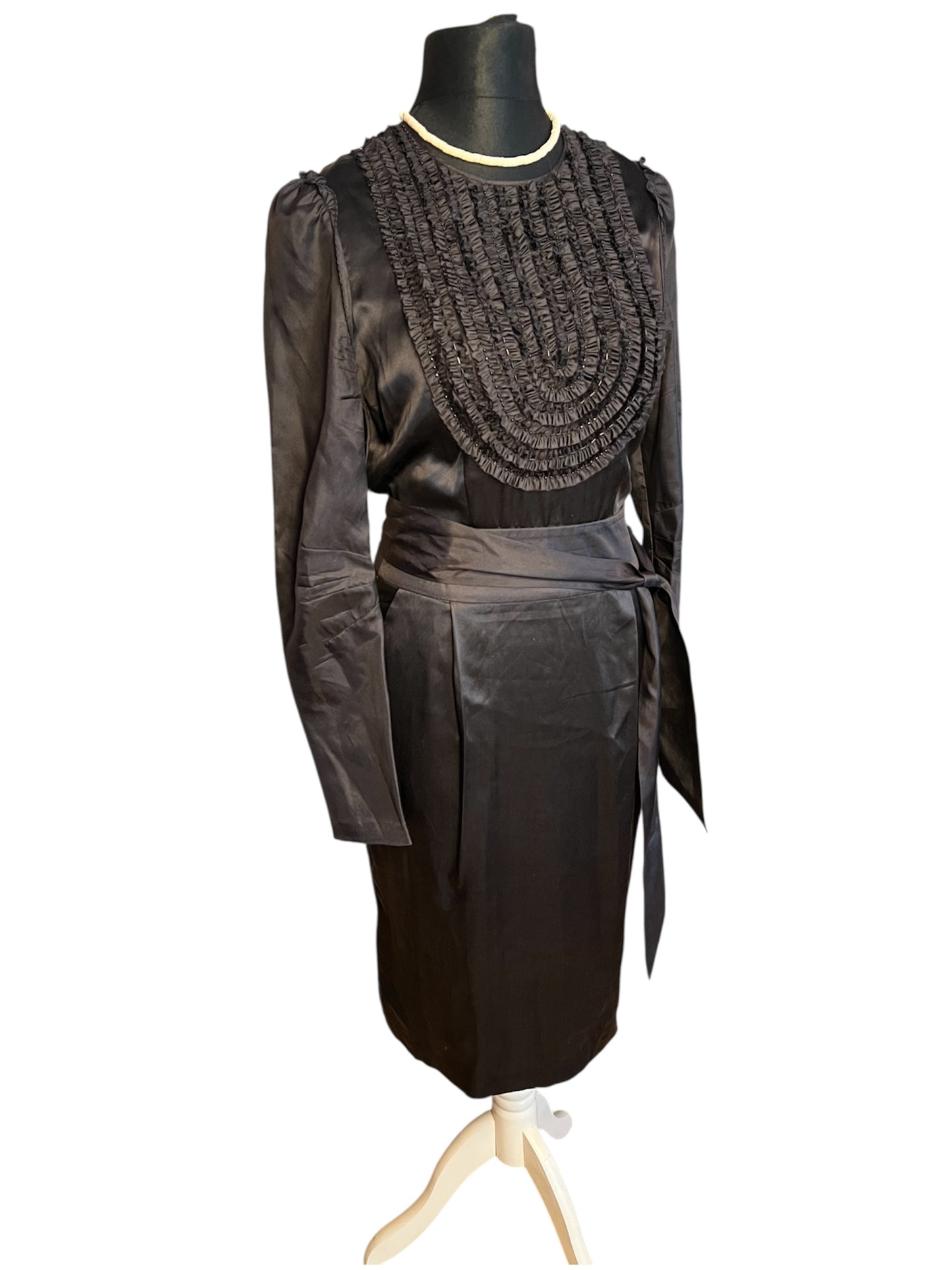 Vintage Kleid By Malene Birger Gr. 38 Elinoa 100 % Seide Schwarz Perlen Knöpfe Taillengürtel