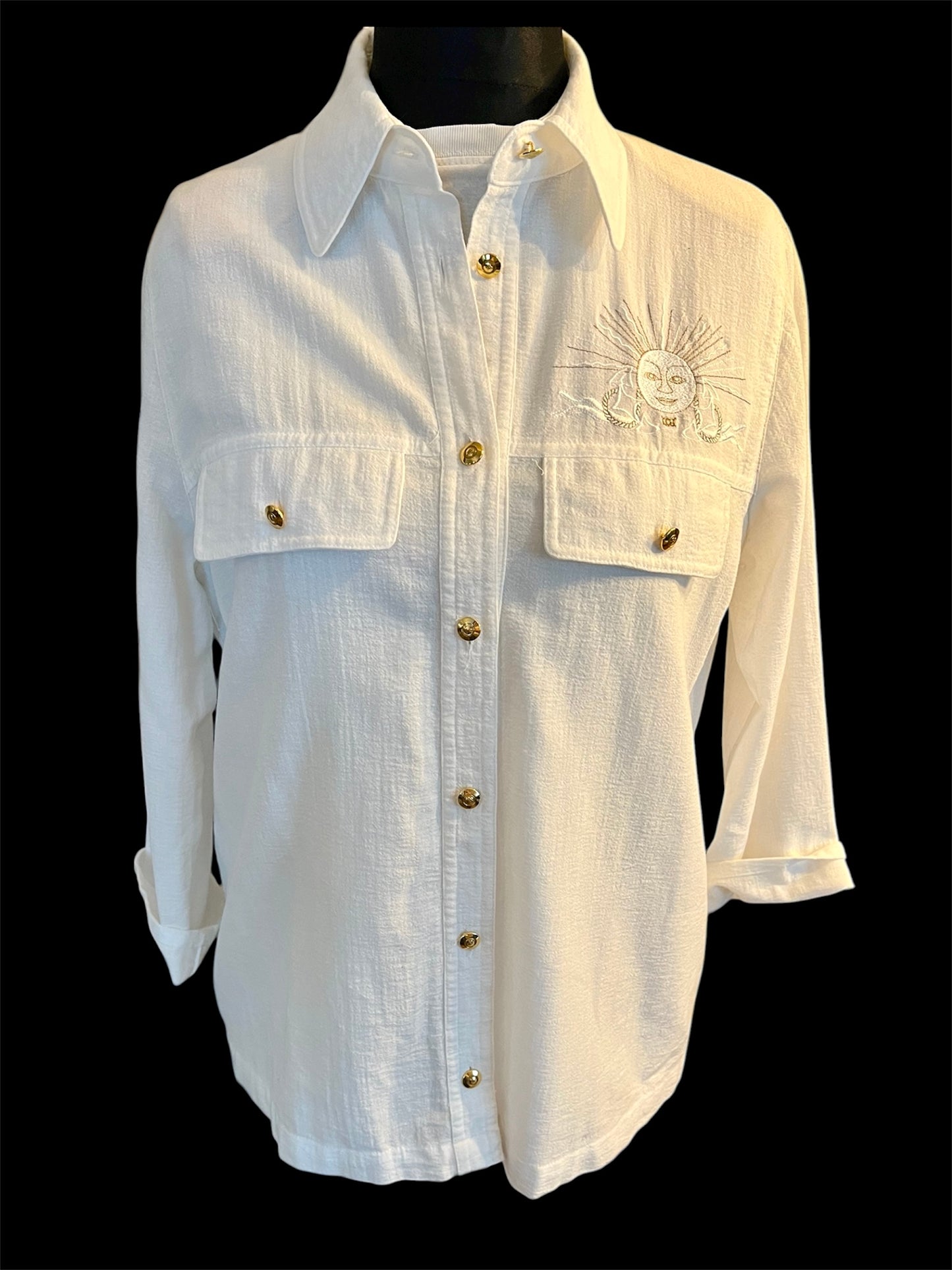 Vintage Avantgarde Bluse M 38/40 Weiß Gold Leinenmix – Boho Chic Mystic Sun Embroidery