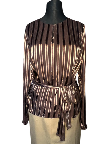 Vintage Blunauta Bluse Seide & Viskose – Ital. 46 (DE 38/40) – Braun Gold Gestreift – Made in Italy