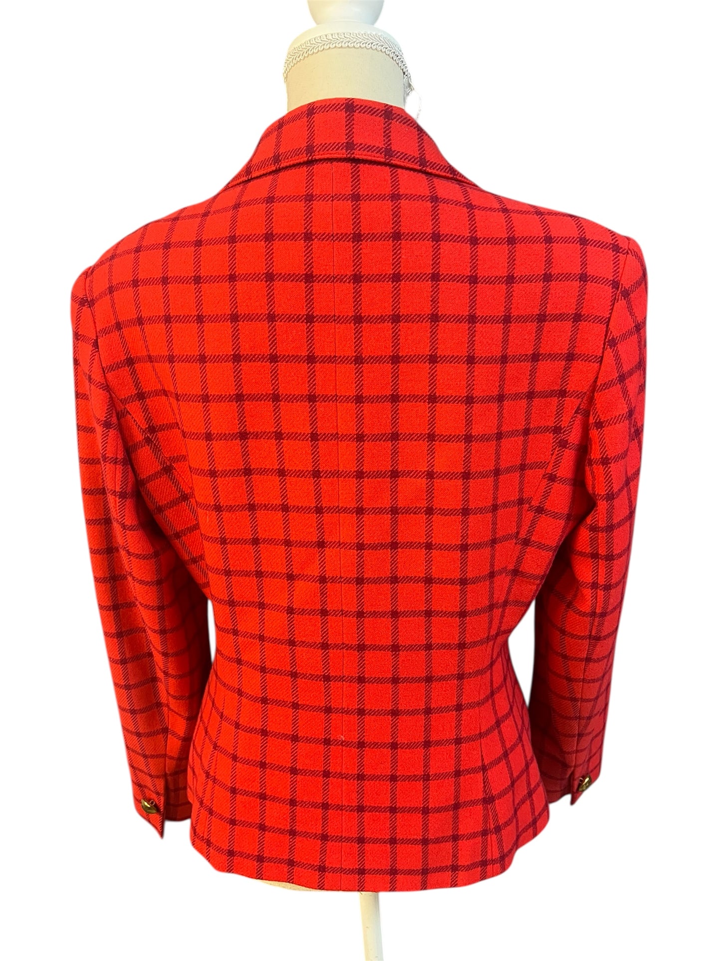Vintage Guy Laroche Blazer – Rot kariert, Gold-Knöpfe, Gr. 38/40, Wool Statement Piece