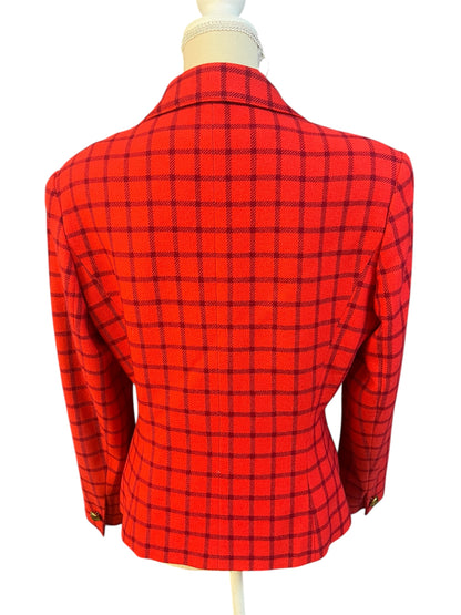 Vintage Guy Laroche Blazer – Rot kariert, Gold-Knöpfe, Gr. 38/40, Wool Statement Piece