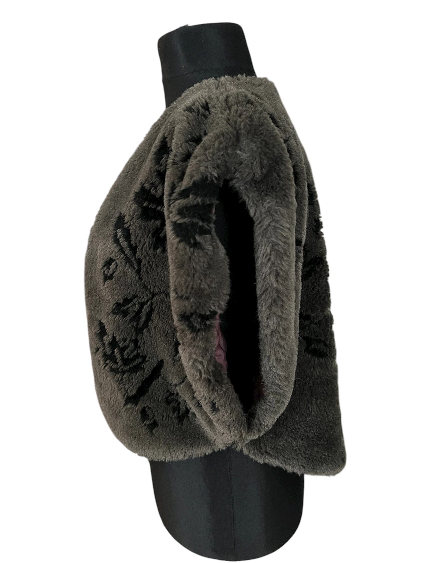 Vintage Kunstfell Weste Made in France – Dunkelgrau Schwarz Muster Bolero Oversized 38–42