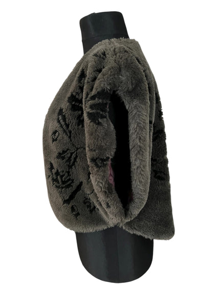 Vintage Kunstfell Weste Made in France – Dunkelgrau Schwarz Muster Bolero Oversized 38–42