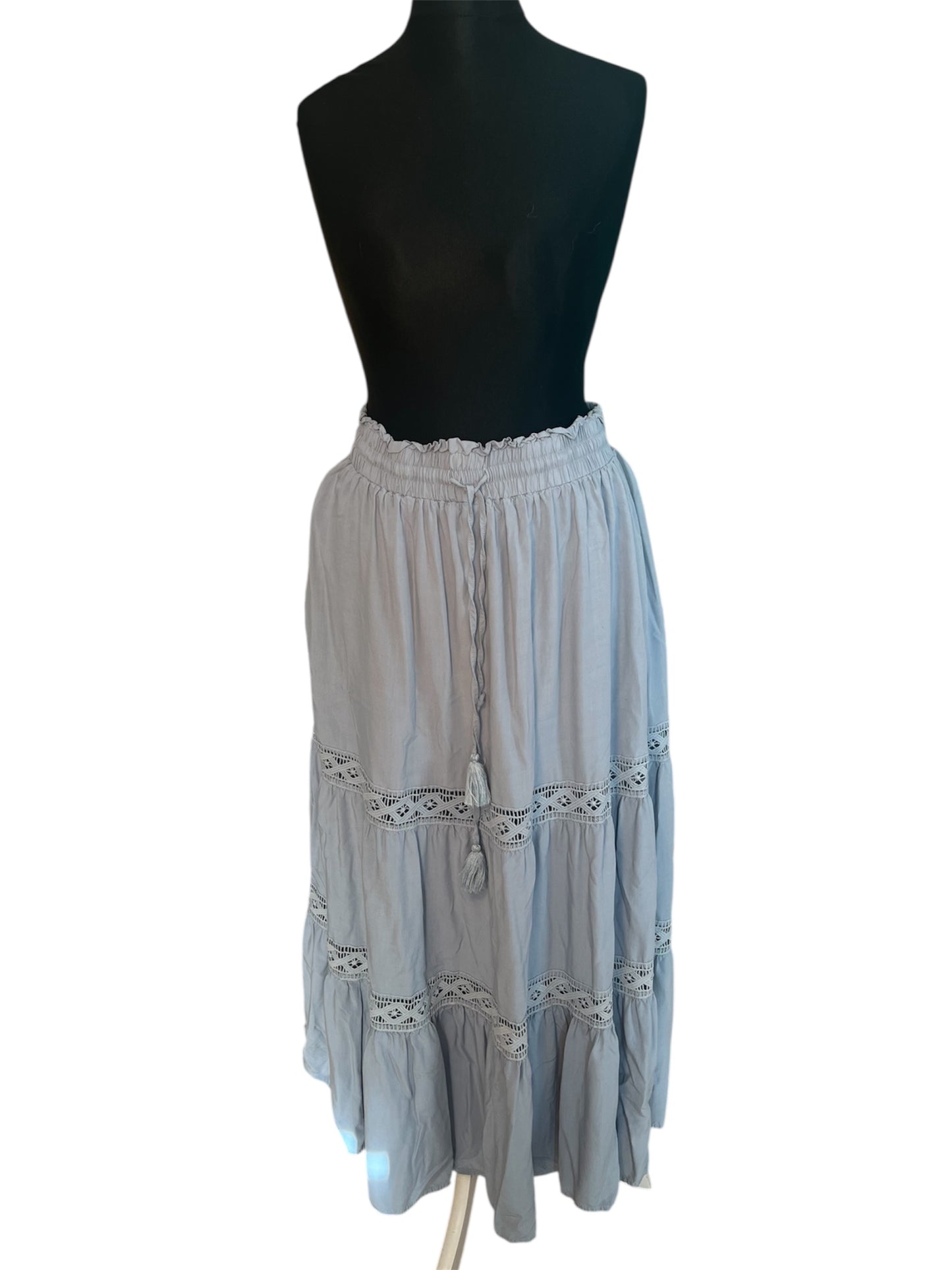 Hippie Style Maxirock Hellblau von Scarlet Darkness – Gr. 38 40 M L Gummizug Boho Spitze