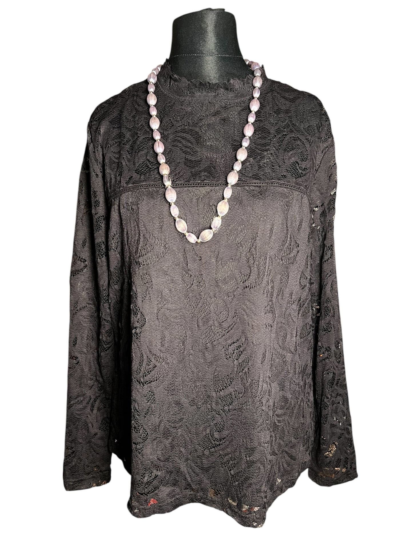 Schwarzes Spitzenshirt Gr. 42 , transparent | Stretch Shirt Damen | Y2K / Elegant / Party | Stehkragen