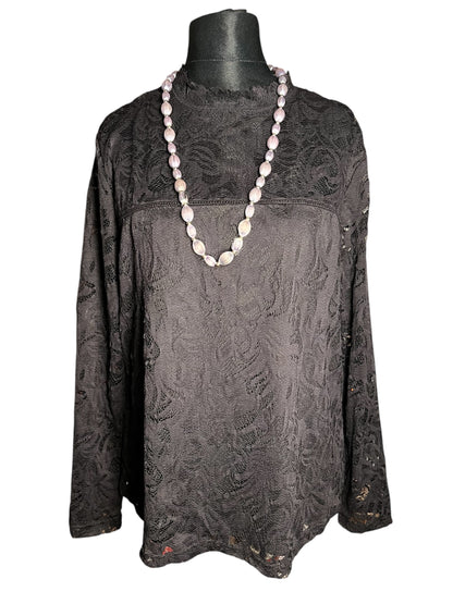 Schwarzes Spitzenshirt Gr. 42 , transparent | Stretch Shirt Damen | Y2K / Elegant / Party | Stehkragen