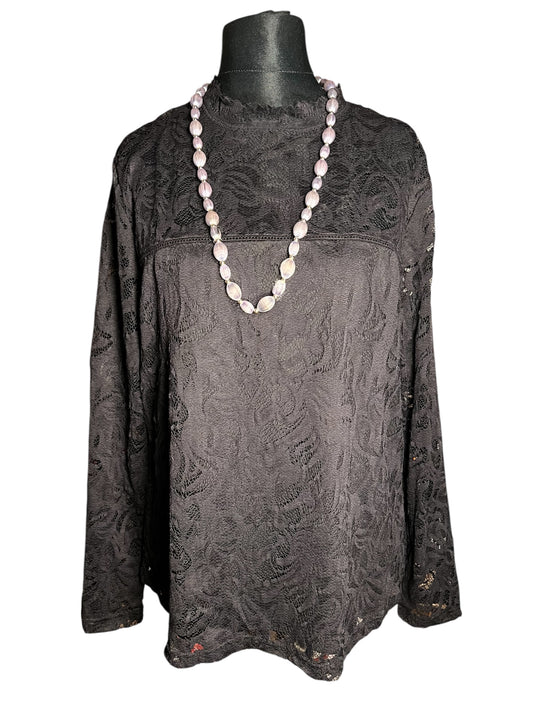Schwarzes Spitzenshirt Gr. 42 , transparent | Stretch Shirt Damen | Y2K / Elegant / Party | Stehkragen