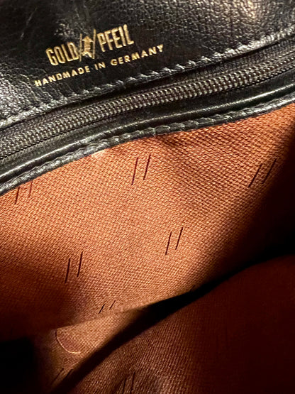 Goldpfeil Vintage Ledertasche Schwarz – Handmade in Germany, Gold‑Hardware, Top Zustand