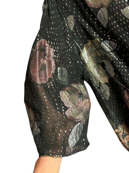 Vintage Glanzbluse Gr. 42 – West Germany – Metallic Blumen – 80s Glam Chic – Schwarz Gold Rosé