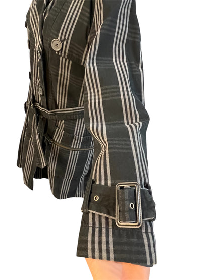 Vintage Y2K Trenchcoat M Schwarz/Grau kariert • Gestepptes Futter • Taillengürtel • EastWest