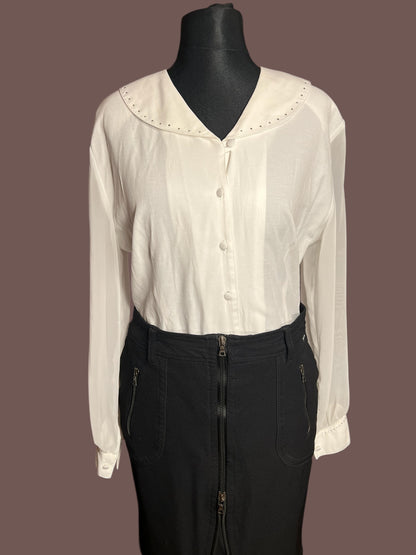 Vintage Bluse Ivory Weiß | Transparent Ärmel | Statement Kragen | Zierdetails | 80s / 90s Chic | Gr. 40