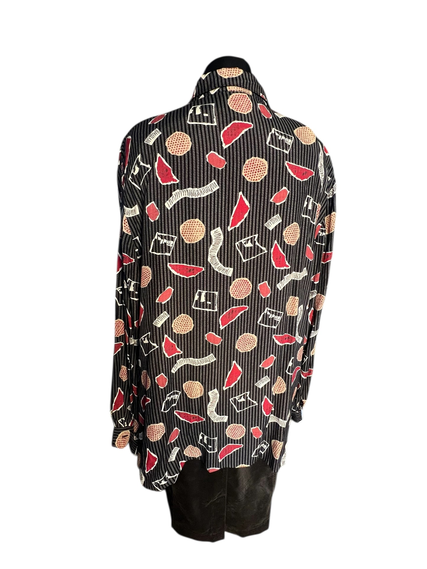 Vintage 80s/90s Oversize Bluse Rio Gr. 48 | Schwarz Grau Rot | Viskose | Statement Pattern