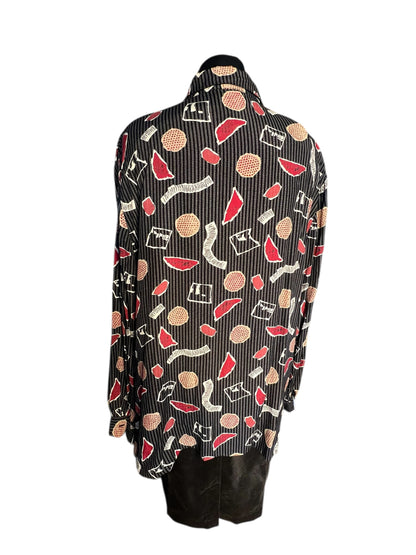 Vintage 80s/90s Oversize Bluse Rio Gr. 48 | Schwarz Grau Rot | Viskose | Statement Pattern