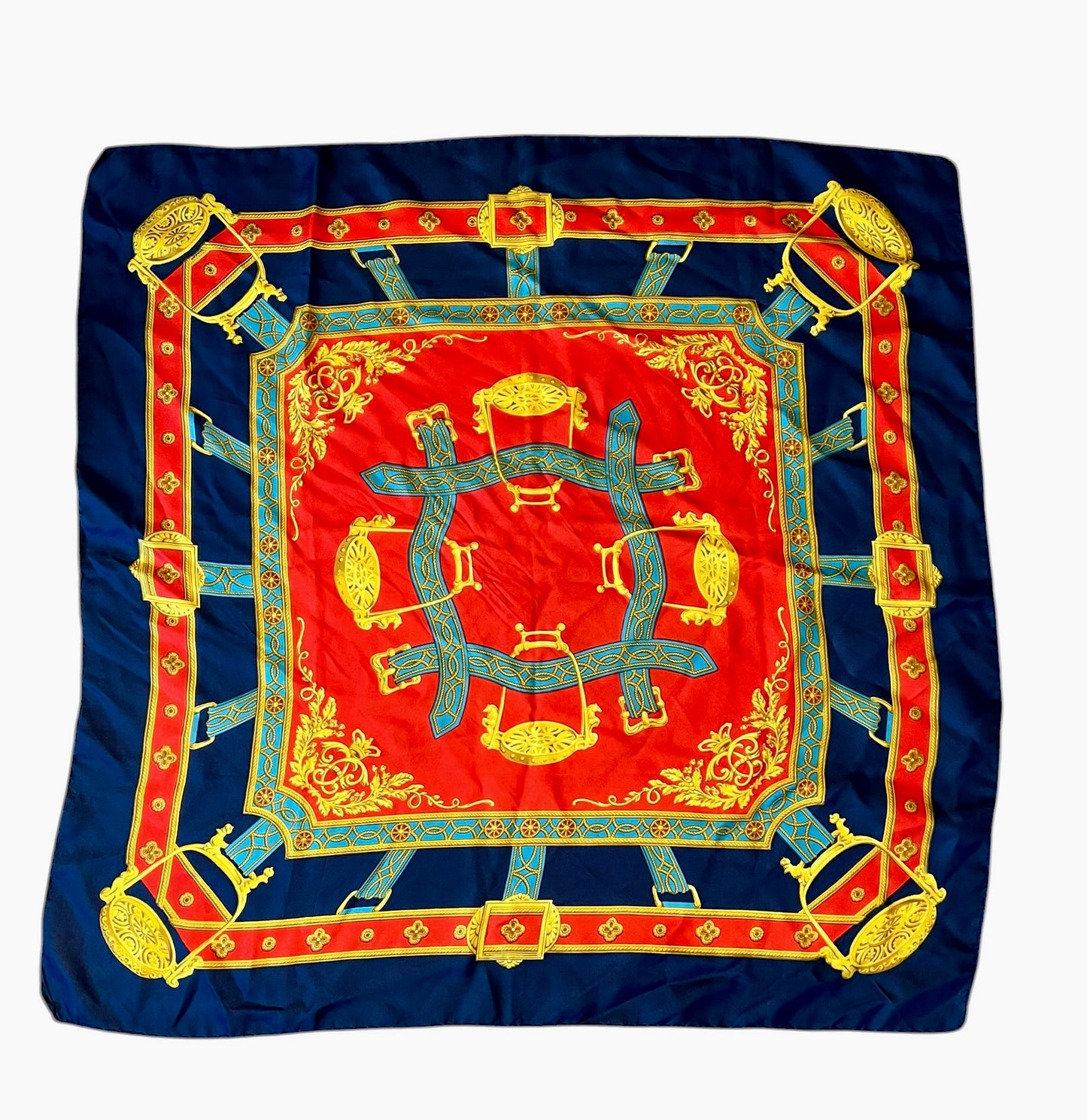 Vintage Hemley Seidentuch dunkelblau gold rot Muster Steigbügel Equestrian 75x75 Seide 90s