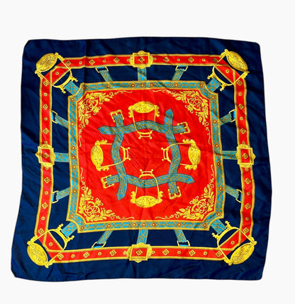 Vintage Hemley Seidentuch dunkelblau gold rot Muster Steigbügel Equestrian 75x75 Seide 90s