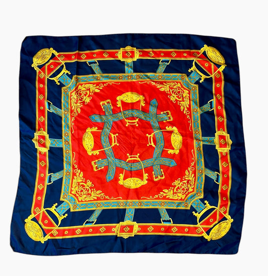 Vintage Hemley Seidentuch dunkelblau gold rot Muster Steigbügel Equestrian 75x75 Seide 90s