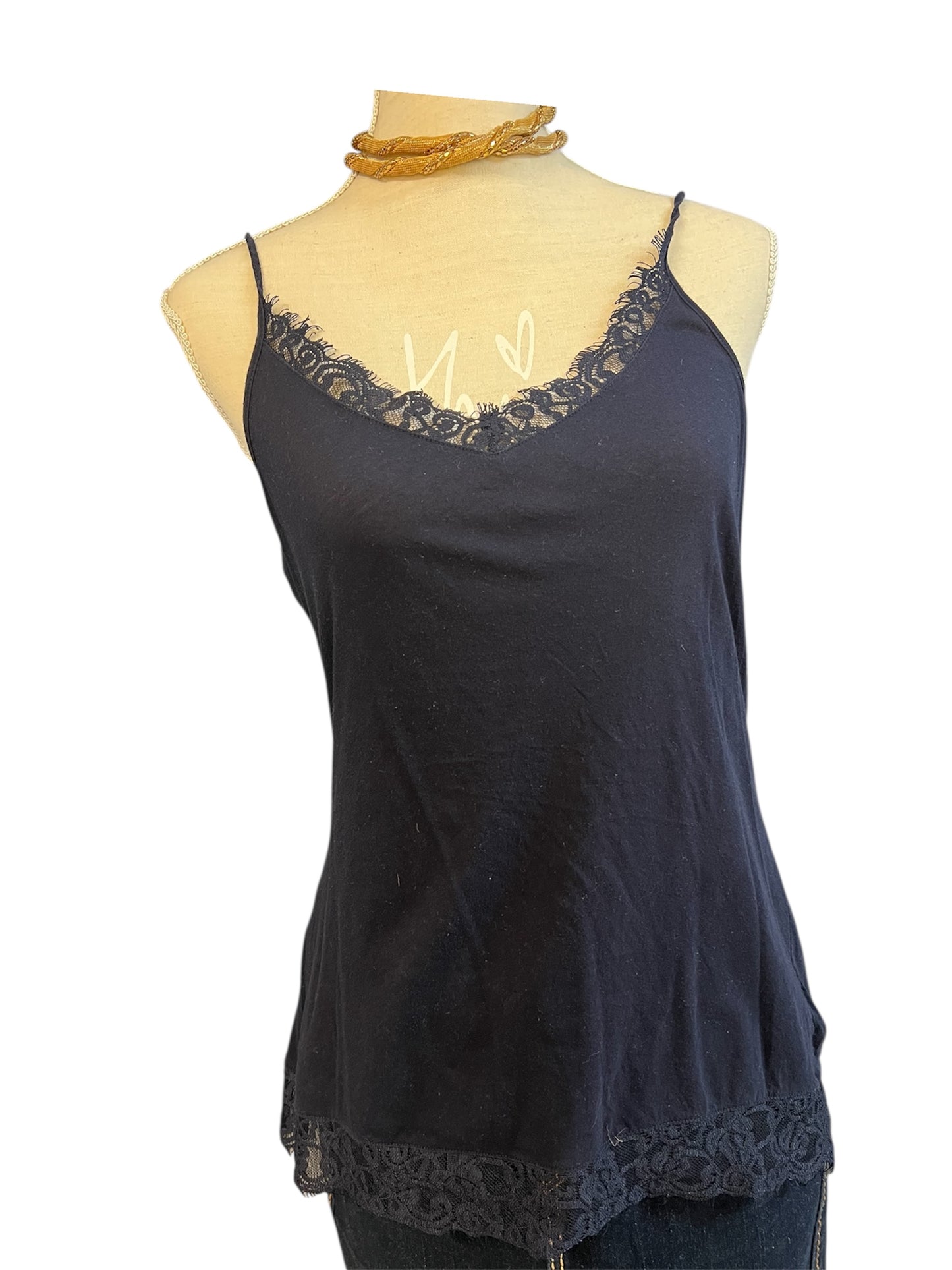 Vintage Spitzen Top dunkelblau – 90s Y2K Spaghettiträger – Lace Jersey – Gr. 38/40