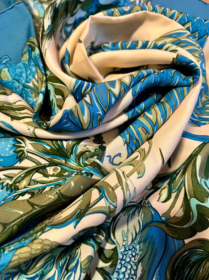 Hermès Vintage Tuch „Perroquets et Fruits“ 1972 – François Faconnable, Seide, Papageien blau