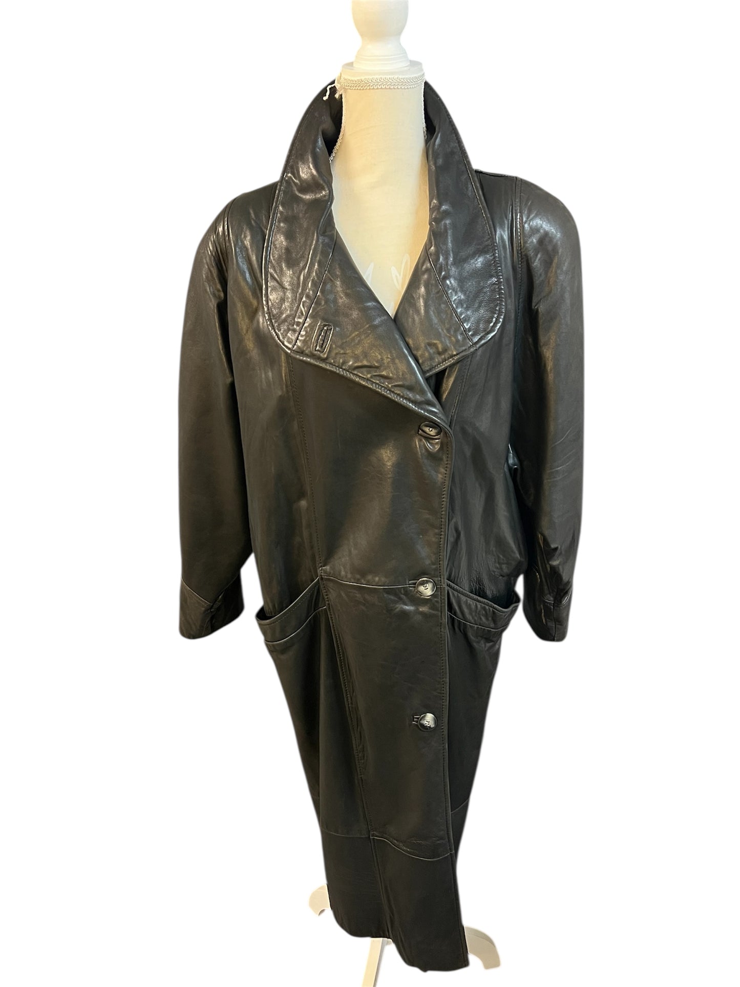 Vintage 80s Ledermantel Gr. L Schwarz • Echtleder Nappaleder • Oversize Long Coat • Schulterbetont